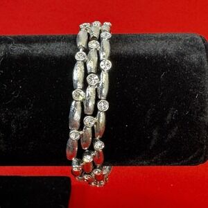 Triple Layer Silver Tone & Faux Diamond Elastic Bracelet